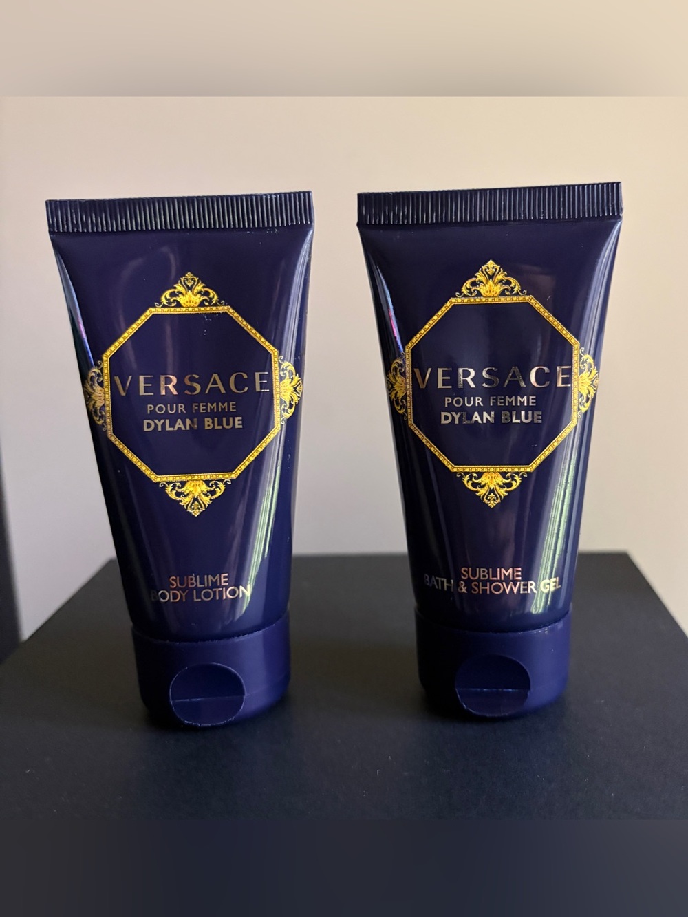 Versace Dylan Blue Sublime Body Lotion & Bath & Shower Gel - Blue & Gold.